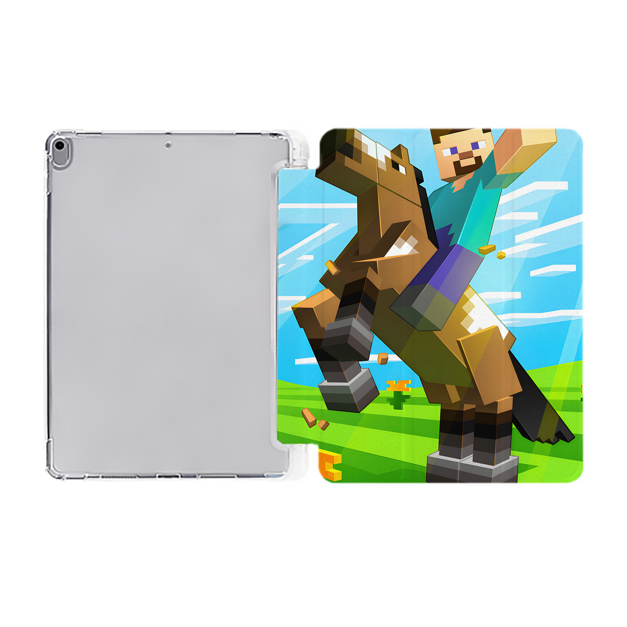 （画像用） マインクラフト ブロックの世界 Minecraft MC Block world IPad ケース ペン収納付き 三つ折りスタンド PUレザー×シリコン 対応機種9.5/10.5/10.9インチ